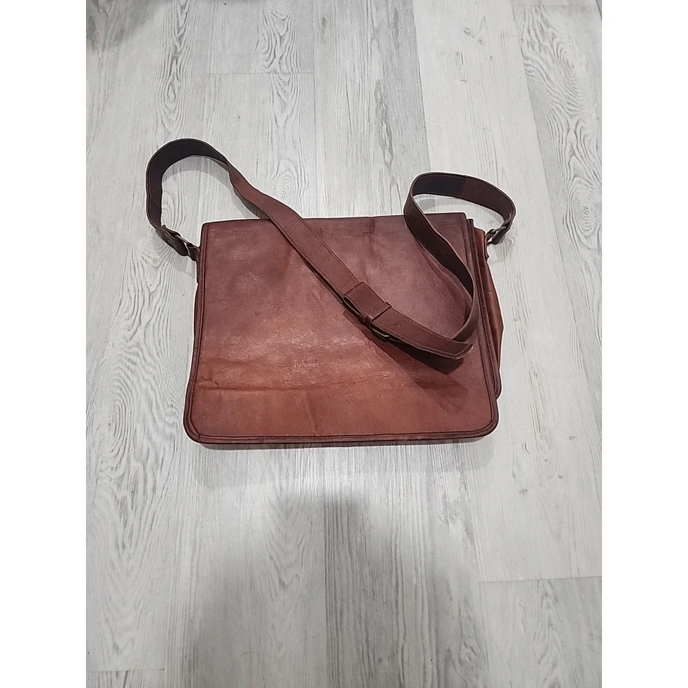 Cognac Brown Leather Portfolio/Laptop Bag Hand Made High Quality With Strap